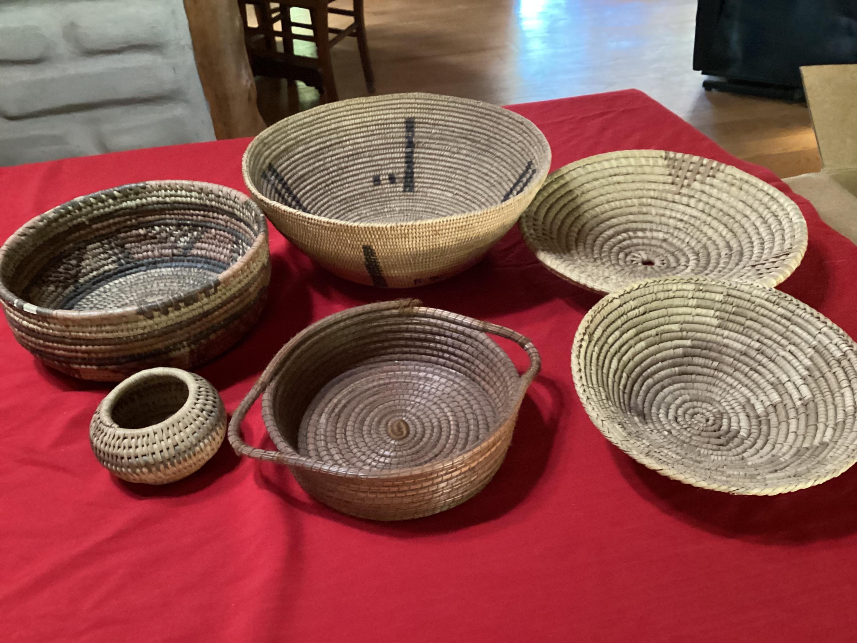 Antique Lot of Six Hand Woven Coiled Native American Baskets- Sold 
