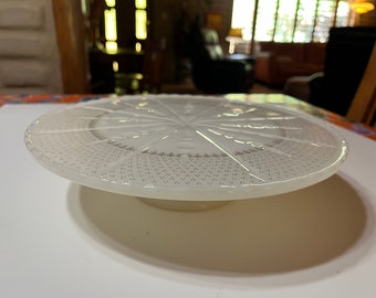 Vintage Anchor Hocking milk glass footed cake plate with gold designs