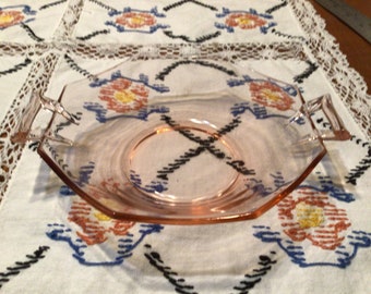 Vintage octagonal pink depression glass candy dish with handles