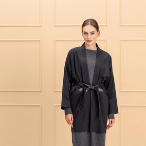 Black belted jacket for women made of wool & alpaca yarn, elegant blazer with pockets for various occasions, ladies&#39; long cardigan