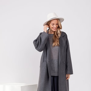 Dunkelgrauer Woll- und Kaschmirmantel für Damen, warmer Wollmantel mit Taschen, langer Wintermantel aus Wollmischung, Midi Oversized Kaschmirmantel
