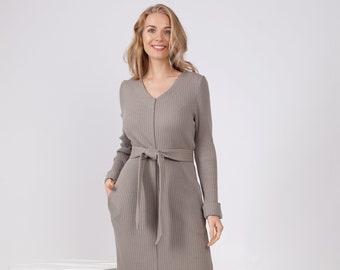 Sand color long sleeve reversible midi dress with belt, side slits and pockets, loose fit cotton dress for women which can be redesigned