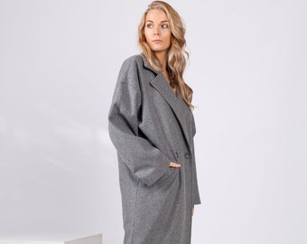 Light grey wool and cashmere coat, ladies' warm woolen overcoat with pockets, long winter wool blend coat, midi oversized coat for women