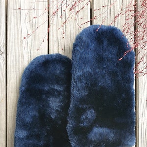Dark blue faux fur mittens for women, warm winter gloves with water resistant palm, fur lined handmade mitts, Christmas gift for her