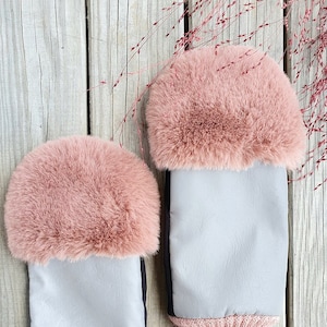 Pink faux fur mittens with reflective lining, women&#39;s warm and waterproof winter gloves handmade by SAVITI designer, Christmas gift for her
