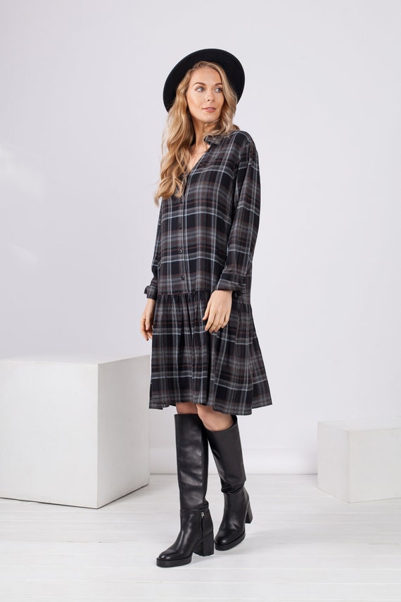100% Viscose Black Checkered Knee Length Shirt Dress With Long Sleeves and  V-neck, Loose Fit Oversized Flowy Plaid Button up Dress for Women - Etsy
