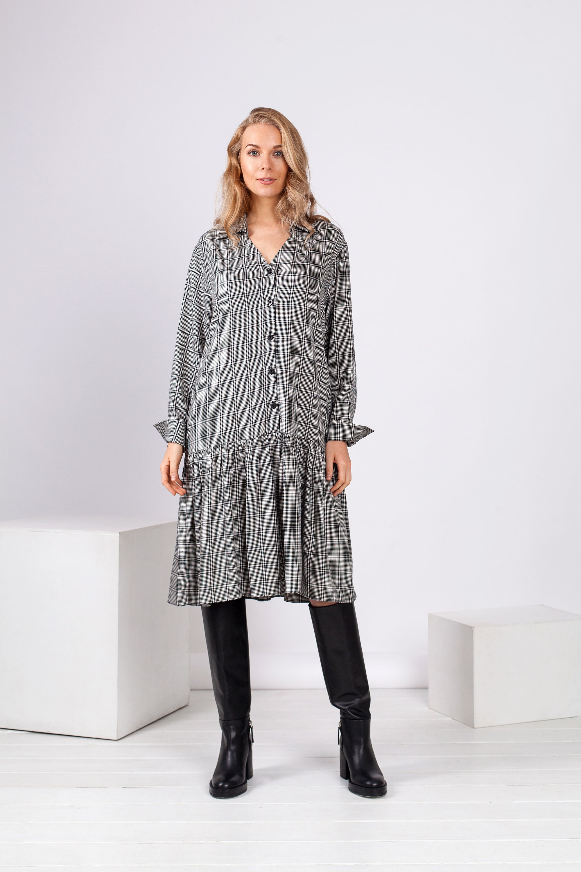 black and white checkered long sleeve dress Black & White Buffalo Plaid Cotton Dress, Long Formal Shirt Dress, Plus Size Maxi Dress, Stylish Tartan Dress, Feminine Festive Kaftan Dress