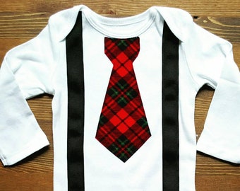 Baby Boy Clothes - Baby Boy Christmas Outfit - Baby Tie Suspenders Outfit - Boy Christmas Shirt - Christmas Tie - Boy First Christmas Outfit