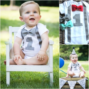 Boys 1st Birthday Outfit - Cake Smash Outfit - First Birthday Shirt for Boys - Personalized  Bow tie & suspender.