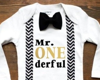 Boys First Birthday Outfit Gold Black - Bow tie Suspenders - 1st Birthday Boy Outfit - First Birthday Outfit - Mr. Onederful Birthday