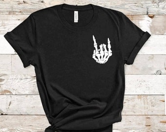 Kids Halloween Shirt, Skeleton Hands Shirt, Boys Halloween Shirt , Girls Halloween Shirt, Rock On Peach Skeleton, Funny Halloween