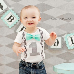 First Birthday Boy Outift - Boys Bow Tie Suspender Cake Smash Boy Outfit - 1st Birthday Boy Outfit - Boys First Birthday Outfit - Blue Aqua