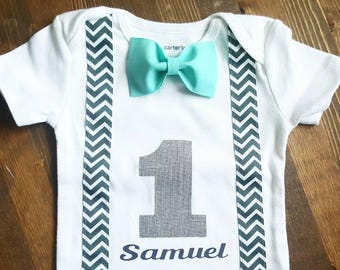 First Birthday Shirt for Boys with Suspenders and bow tie, 1st Birthday Outfit, Birthday Shirts for Boys