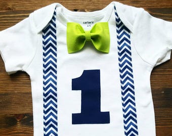 Boys First Birthday Outfit - First Birthday Boy Outfit - Green Navy First Birthday Outfit - 1st Birthday Boy Outfit - Bow Tie Suspenders