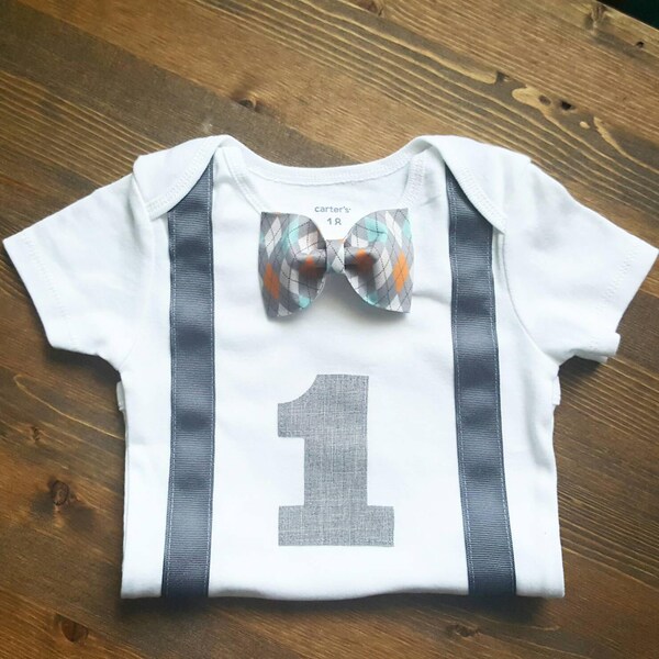 Ragazzi primo compleanno vestito - primo compleanno vestito ragazzo-1 ° compleanno Outfit Boy - Bow Tie bretelle - arancia blu - ragazzi 1 ° compleanno