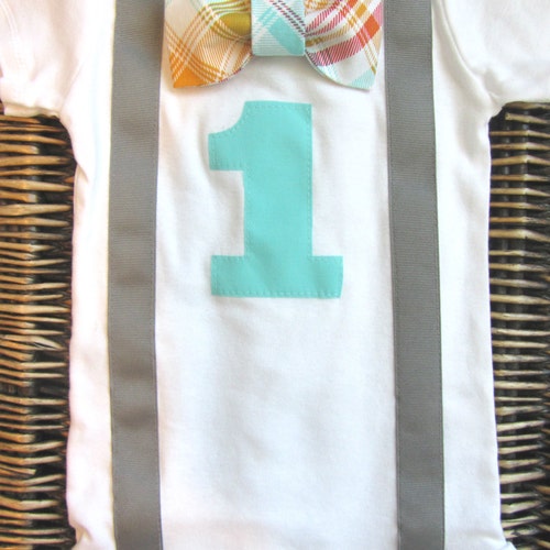 Boys First Birthday Outfit Suspenders Red Blue Orange Bow Etsy