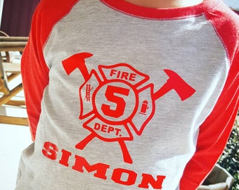 Firefighter 5th Birthday Shirt - Fireman Birthday Shirt - Fire Truck Birthday Outfit Raglan - Firefighter Party - Boys 5th Birthday Shirt