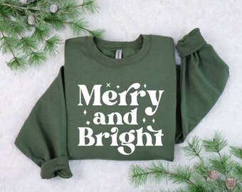 Merry and Bright Sweatshirt Shirt - Christmas Sweatshirt - Holiday Sweatshirt - Womens Christmas Shirt - Wavy Retro Christmas Shirt