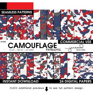 Patriotic Patterns, 4th of July Camouflage, Red, White, Blue Camo, Seamless Patters, 12x12
