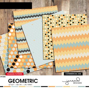 Patterned Paper Scrapbooking Paper Geometric Digital Papers Blue, Yellow, Orange, Beige Commercial Use DP16003 image 3