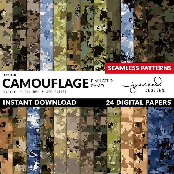Digital Pixelated Camo Patterns, Military Camouflage Papers, Seamless Paper, 14x14