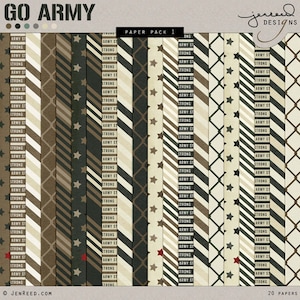 May include: A set of 20 digital papers in a military theme. The papers feature various patterns in shades of brown, black, and white, including stripes, stars, and a chain link pattern. The text "GO ARMY" and "PAPER PACK 1" is visible at the top of the image.