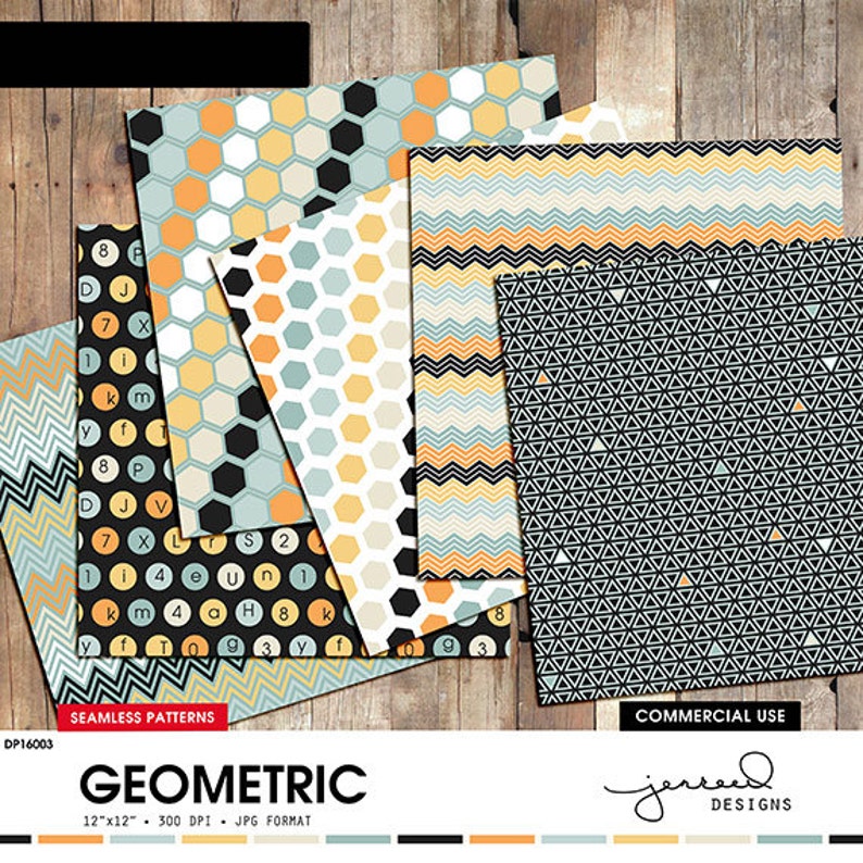 Patterned Paper Scrapbooking Paper Geometric Digital Papers Blue, Yellow, Orange, Beige Commercial Use DP16003 image 2