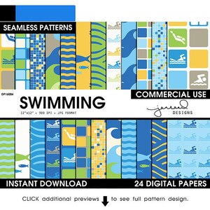 Swimming Scrapbook Paper || Pool Digital Paper || Summer Scrapbook || Swim Theme || Blue, Yellow, Green, Teal || Commercial Use || DP16013