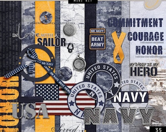 May include: A digital scrapbooking kit with a navy theme. The kit includes 9 papers, 16 elements, 9 word art, and 1 alpha. The kit features a variety of navy blue, red, white, and yellow colors. The kit includes images of a map, a sailor, a ship, and the words "Go Navy", "Beat Army", "Commitment", "Courage", "Honor", "My Daddy is My Hero", "United States Navy", and "Served with Honor".