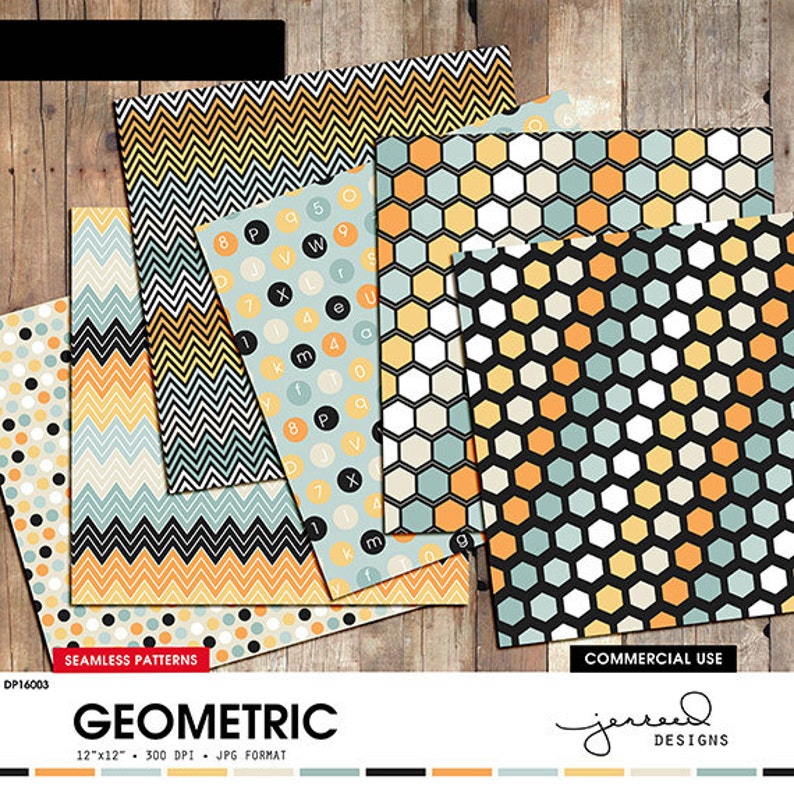 Patterned Paper Scrapbooking Paper Geometric Digital Papers Blue, Yellow, Orange, Beige Commercial Use DP16003 image 5