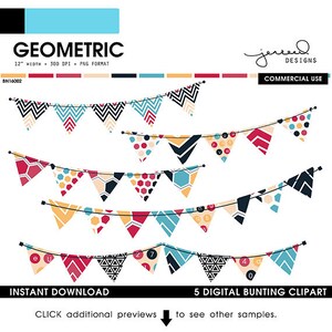 Banner Clipart || Bunting Graphics || Bunting Clip Art || Geometric Banner || Navy, Red, Yellow, Blue, Beige || Commercial Use || BN16002