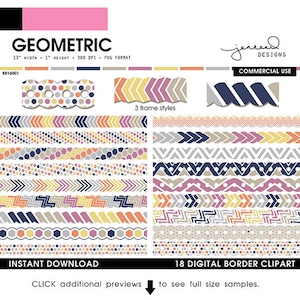 May include: Set of 18 digital border clip art images in a geometric style. The borders feature a variety of patterns, including arrows, dots, zigzags, and hexagons. The colors used are yellow, orange, pink, gray, blue, and white.
