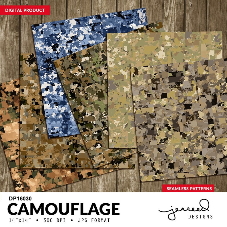 Digital Pixelated Camo Patterns, Military Camouflage Papers, Seamless