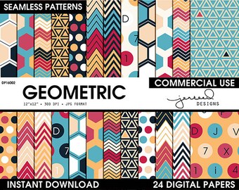 Seamless Digital Paper || Patterned Paper Pack || Paper Patterns || Geometric || Red, Blue, Yellow, Navy, Beige || Commercial Use || DP16002