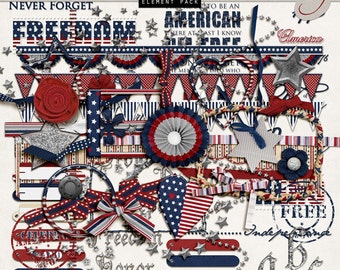 USA Patriotic Digital Scrapbook - 4th of July Digital Clipart - Military Scrapbooking - Red, White, Blue INSTANT DOWNLOAD