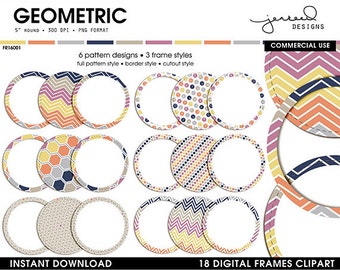 Frame Clipart || Clip Art Borders || Printable Frame Labels || Geometric Frames || Blue, Yellow, Orange, Pink || Commercial Use || FR16001