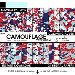 May include: 24 digital papers featuring red, white and blue camouflage patterns. The patterns are seamless and can be used for commercial projects. The papers are 12 inches by 12 inches and 300 DPI.