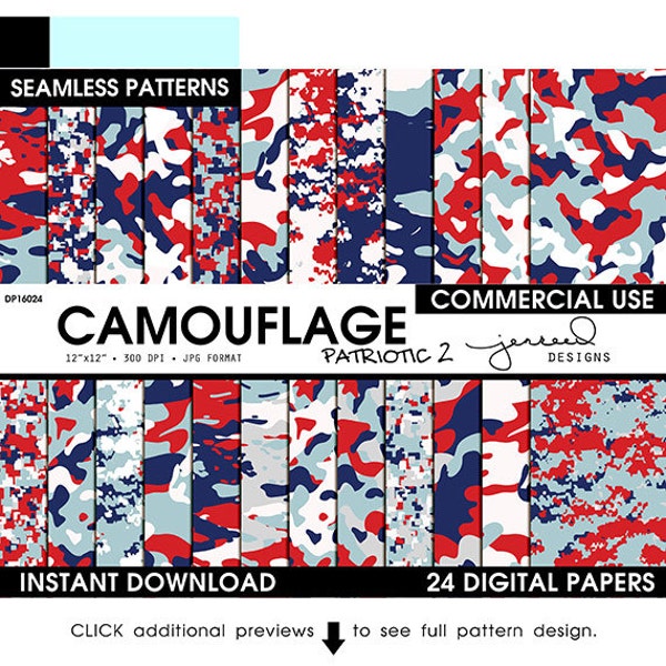 Patriotic Camouflage Paper, USA Camo, Fourth of July Pattern, Red White Blue, Seamless Pattern, 12x12