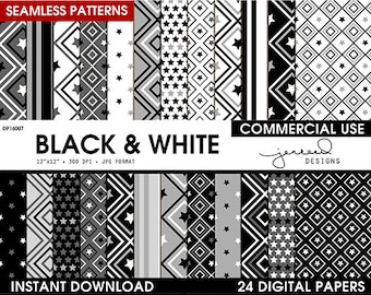 Black and White Scrapbook Paper || Black and White Digital Paper || Patterned Digital Paper || Black & White || Commercial Use || DP16007