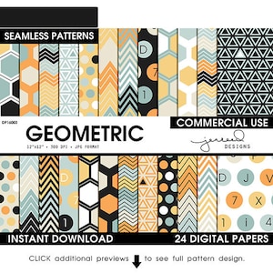 Patterned Paper Scrapbooking Paper Geometric Digital Papers Blue, Yellow, Orange, Beige Commercial Use DP16003 image 1