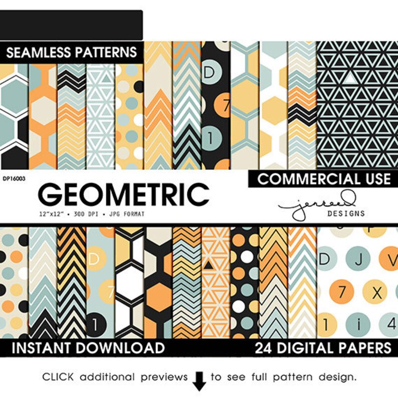 Patterned Paper Scrapbooking Paper Geometric Digital Papers Blue, Yellow, Orange, Beige Commercial Use DP16003 image 1