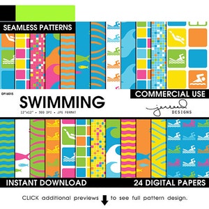 May include: A set of 24 digital papers featuring seamless patterns with a swimming theme. The patterns include swimmers, waves, fish, and geometric designs in bright colors like blue, yellow, orange, pink, and green. The papers are 12 inches by 12 inches and 300 DPI.