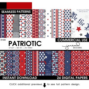 Patriotic Digital Paper || 4th of July Scrapbook Paper || Stars and Stripes || USA || Red, White, Blue, Grey || Commercial Use || DP16005
