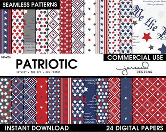 Patriotic Digital Paper || 4th of July Scrapbook Paper || Stars and Stripes || USA || Red, White, Blue, Grey || Commercial Use || DP16005