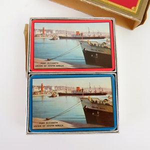 Cartas de baralho vintage de dois baralhos da década de 1940, Union of South Africa, Farrell Lines, Port Elizabeth Ship Yard, em caixa de cartão Calco