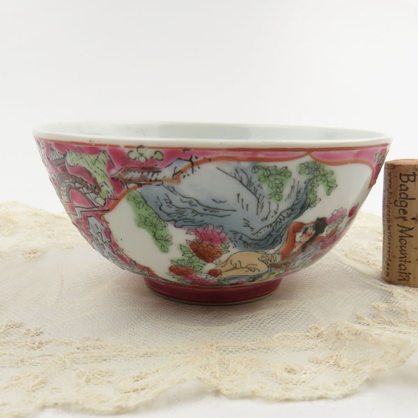 Vintage Asian Rose Medallion Geisha Rice Noodle Soup Chinese Bowl 4 1/2" Hand Painted Pink Oriental Kitchenware