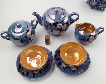 Antique 1920's Tea Set for 2 Japan Lusterware Blue and Gold Daisey Flowers Teapot Cream & Sugar Cups and Saucers