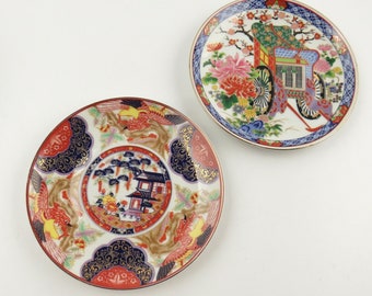 Vintage Asian Porcelain 6" Plates, Gold Trim Made in Japan Imari and Oriental Trading Co Gold Trim Floral Pagoda and Cart.