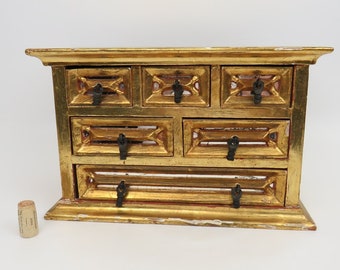 Vintage 1950's Painted Gold Gilt Wood Chest Mirrored 6 Drawer Jewelry Box Primitive Hand Wrought Pulls Mid Century Shabby Decor