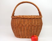 Vintage French Gathering Market Basket Lg Handle Braided Edge Holiday Gift Bent Twig Wicker Flower Girl Wedding Decor Farmhouse Storage